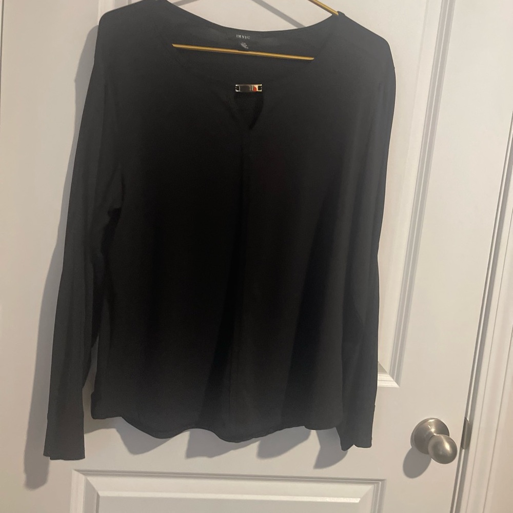 Black IMNYC Sz L Long-Sleeve with slits V-Neck Women's Top gold bar
